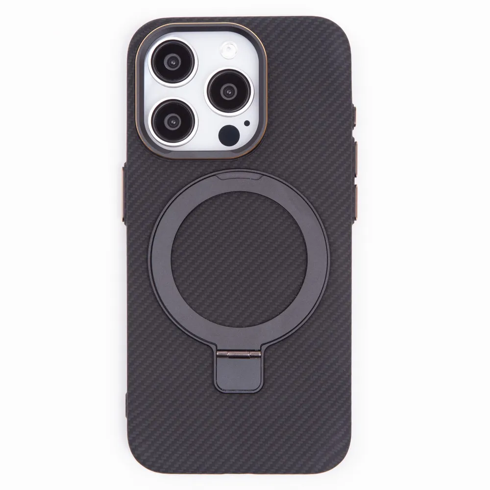 Чехол iphone 15 Pro Max Карбон с кольцом Черный